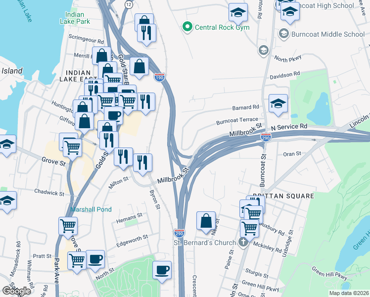 map of restaurants, bars, coffee shops, grocery stores, and more near 157 Barnard Road in Worcester