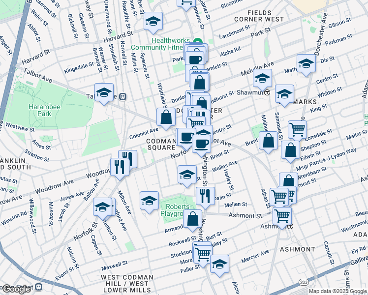 map of restaurants, bars, coffee shops, grocery stores, and more near 41 Norfolk Street in Boston