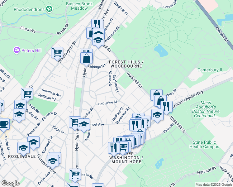 map of restaurants, bars, coffee shops, grocery stores, and more near 67 Eastland Road in Boston