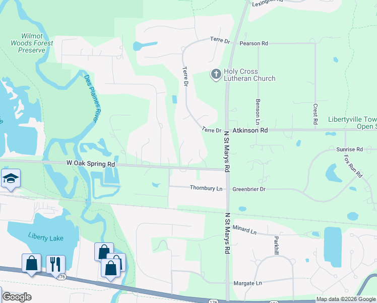 map of restaurants, bars, coffee shops, grocery stores, and more near 15170 West Oak Spring Road in Libertyville