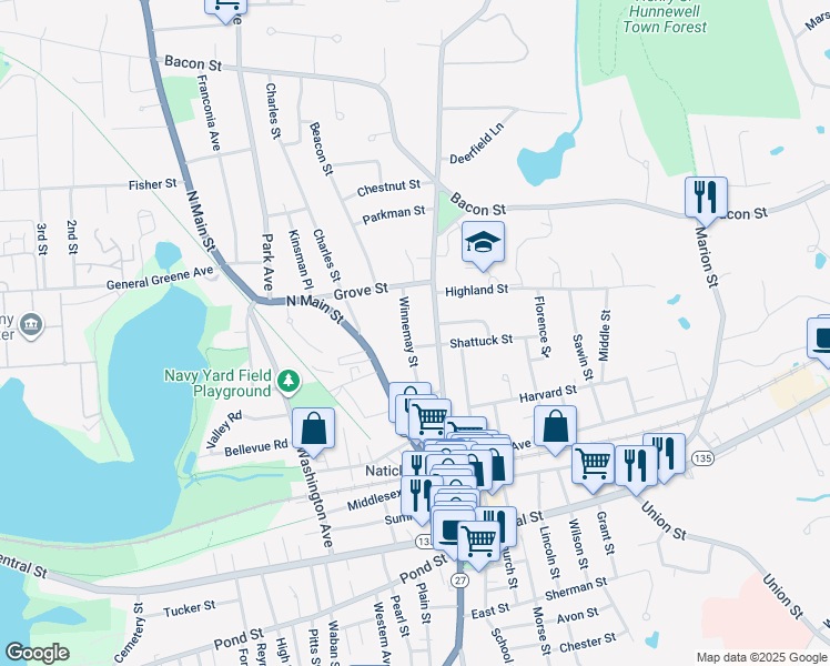 map of restaurants, bars, coffee shops, grocery stores, and more near 17 Winnemay Street in Natick
