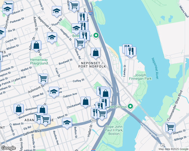 map of restaurants, bars, coffee shops, grocery stores, and more near 25-27 Bloomington Street in Boston