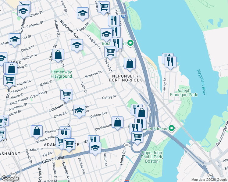 map of restaurants, bars, coffee shops, grocery stores, and more near 48 Coffey Street in Boston