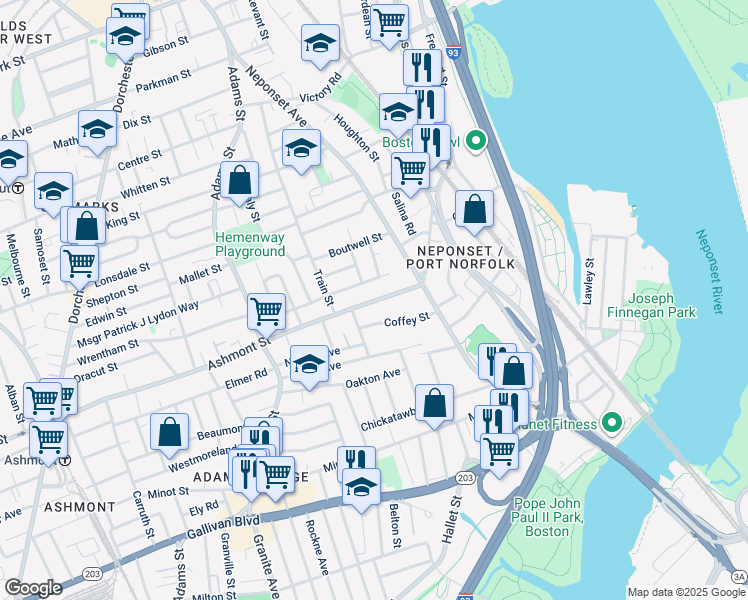 map of restaurants, bars, coffee shops, grocery stores, and more near 567 Ashmont Street in Boston