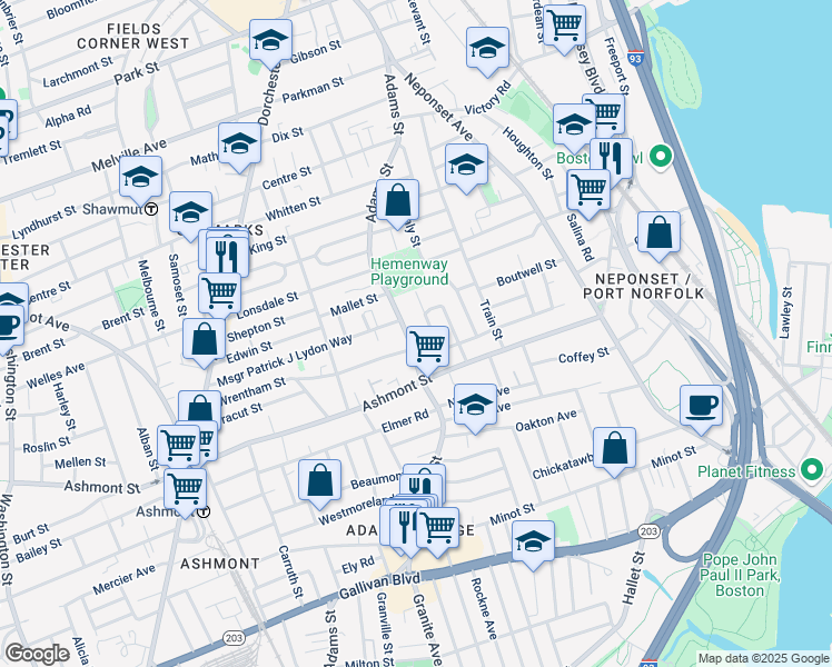 map of restaurants, bars, coffee shops, grocery stores, and more near 10 Auriga Street in Boston