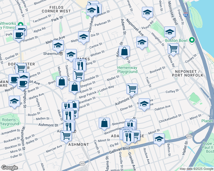 map of restaurants, bars, coffee shops, grocery stores, and more near 75 Edwin Street in Boston