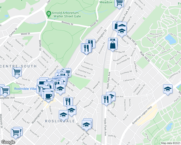 map of restaurants, bars, coffee shops, grocery stores, and more near 40 Granfield Avenue in Boston