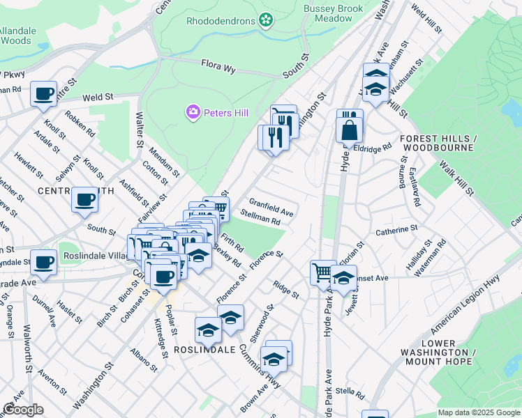 map of restaurants, bars, coffee shops, grocery stores, and more near 31 Granfield Avenue in Boston