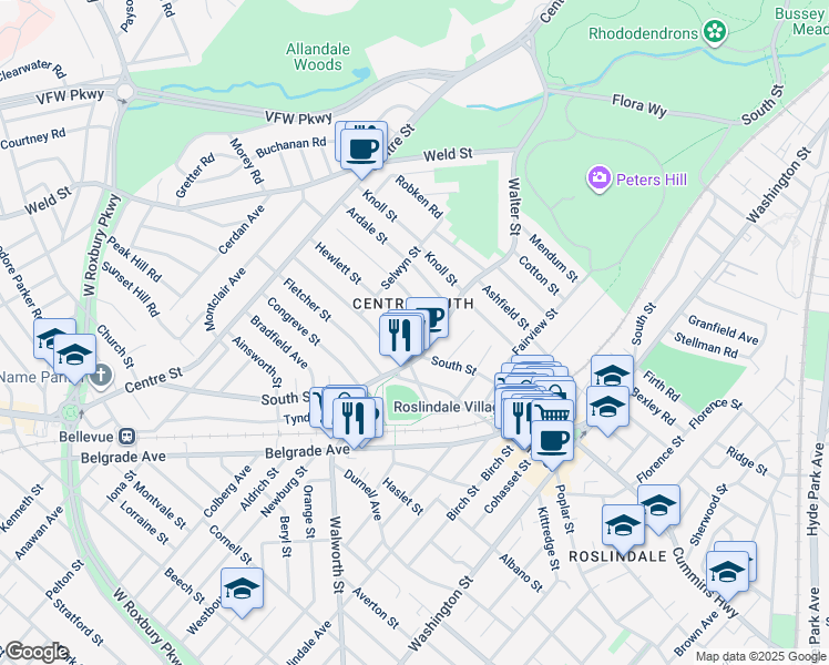 map of restaurants, bars, coffee shops, grocery stores, and more near 17 Hewlett Street in Boston