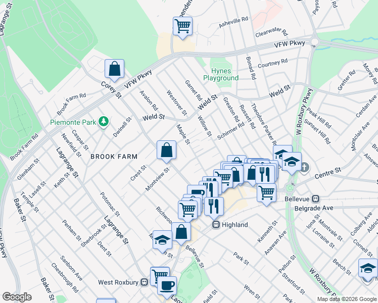 map of restaurants, bars, coffee shops, grocery stores, and more near 19 Hodgdon Terrace in Boston