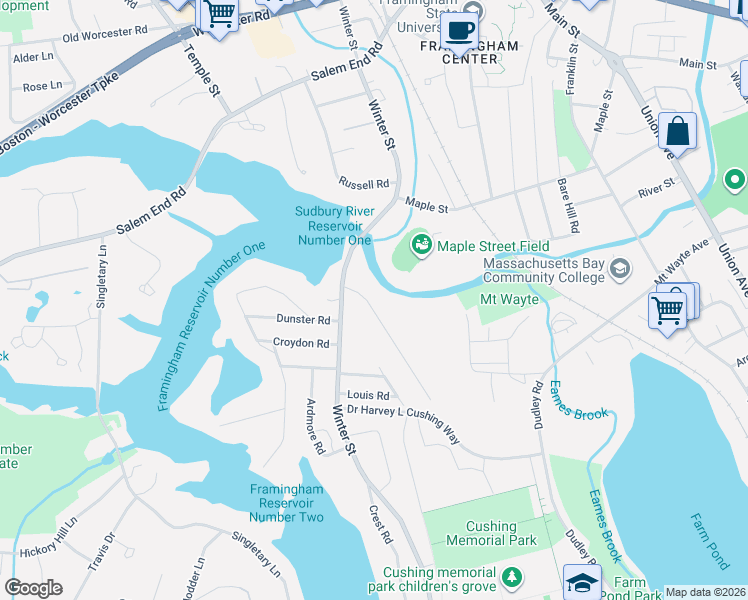 map of restaurants, bars, coffee shops, grocery stores, and more near 27 Long Avenue in Framingham