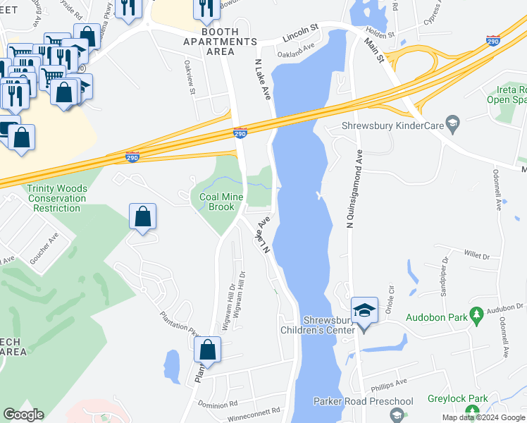 map of restaurants, bars, coffee shops, grocery stores, and more near 2 Teconnett Path in Worcester