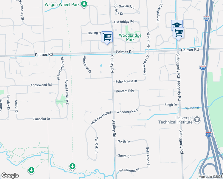 map of restaurants, bars, coffee shops, grocery stores, and more near 42015 Hunters Ridge in Canton