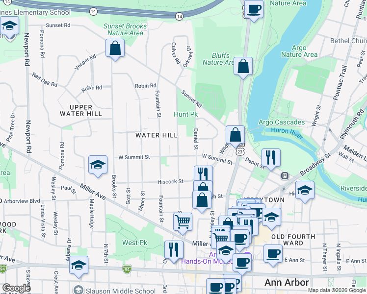 map of restaurants, bars, coffee shops, grocery stores, and more near in Ann Arbor
