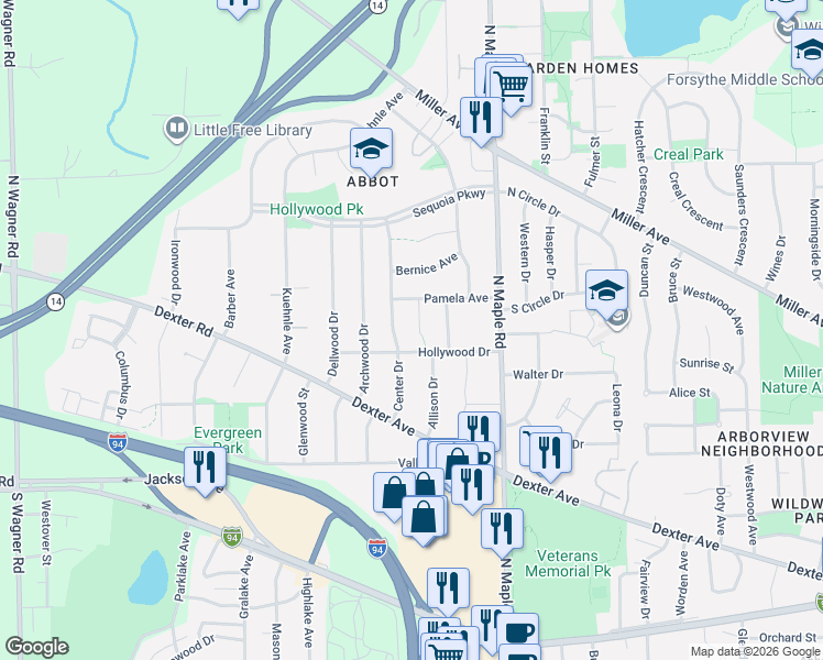 map of restaurants, bars, coffee shops, grocery stores, and more near 623 Duane Court in Ann Arbor