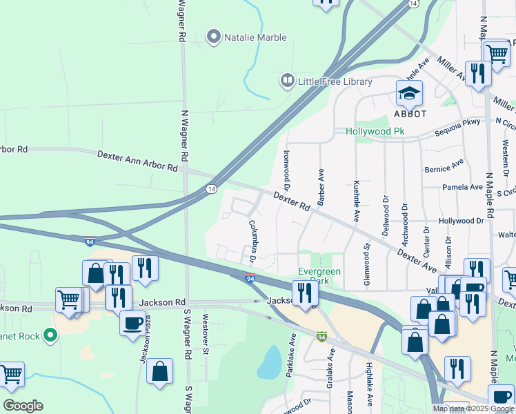 map of restaurants, bars, coffee shops, grocery stores, and more near 597 Landings Drive in Ann Arbor