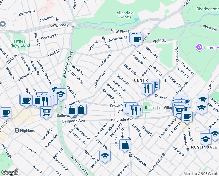 map of restaurants, bars, coffee shops, grocery stores, and more near 66 Bradfield Avenue in Boston