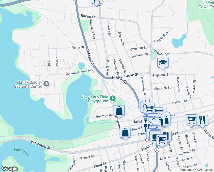 map of restaurants, bars, coffee shops, grocery stores, and more near 63 Washington Avenue in Natick