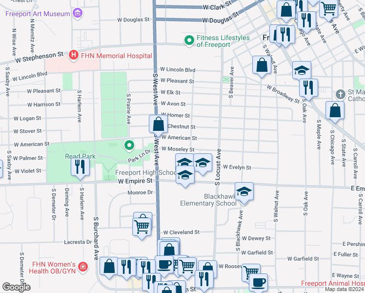 map of restaurants, bars, coffee shops, grocery stores, and more near 718 West Moseley Street in Freeport