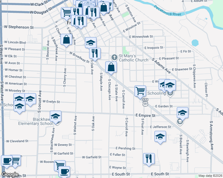 map of restaurants, bars, coffee shops, grocery stores, and more near 1031 South Chicago Avenue in Freeport