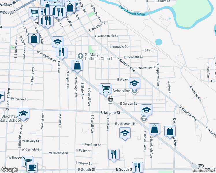 map of restaurants, bars, coffee shops, grocery stores, and more near 433 East Prospect Terrace in Freeport