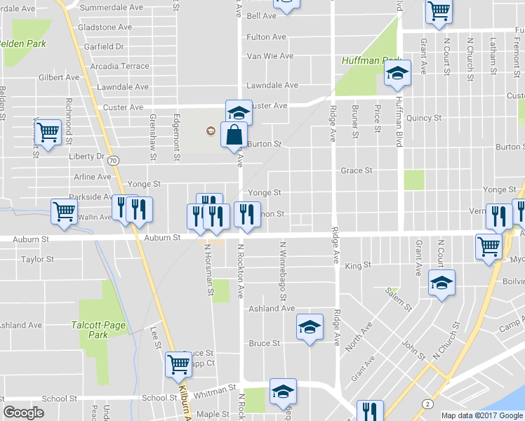 map of restaurants, bars, coffee shops, grocery stores, and more near 2401 Vernon Street in Rockford