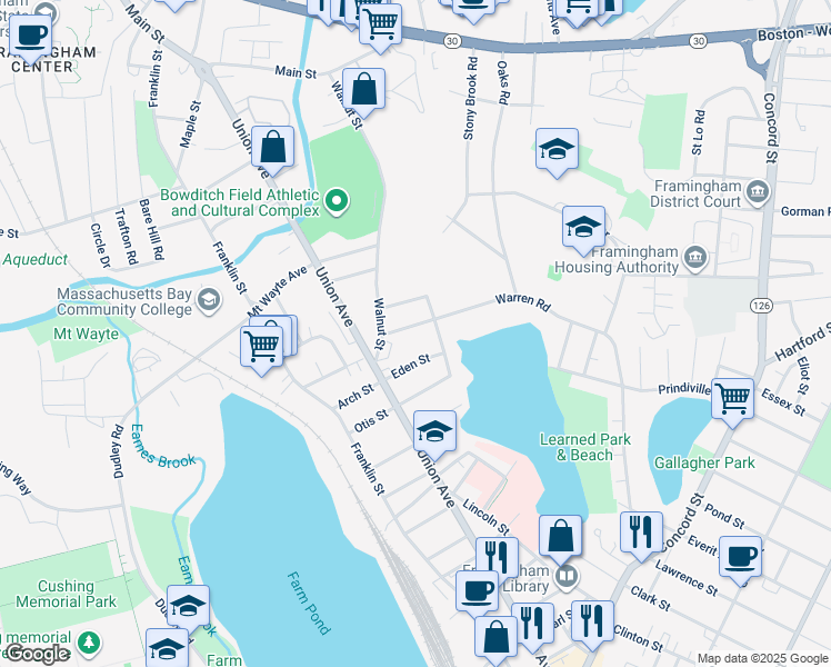 map of restaurants, bars, coffee shops, grocery stores, and more near 23 Warren Road in Framingham