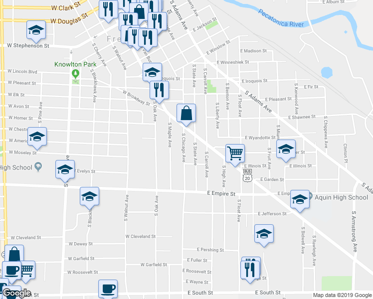 map of restaurants, bars, coffee shops, grocery stores, and more near 1027 South Chicago Avenue in Freeport