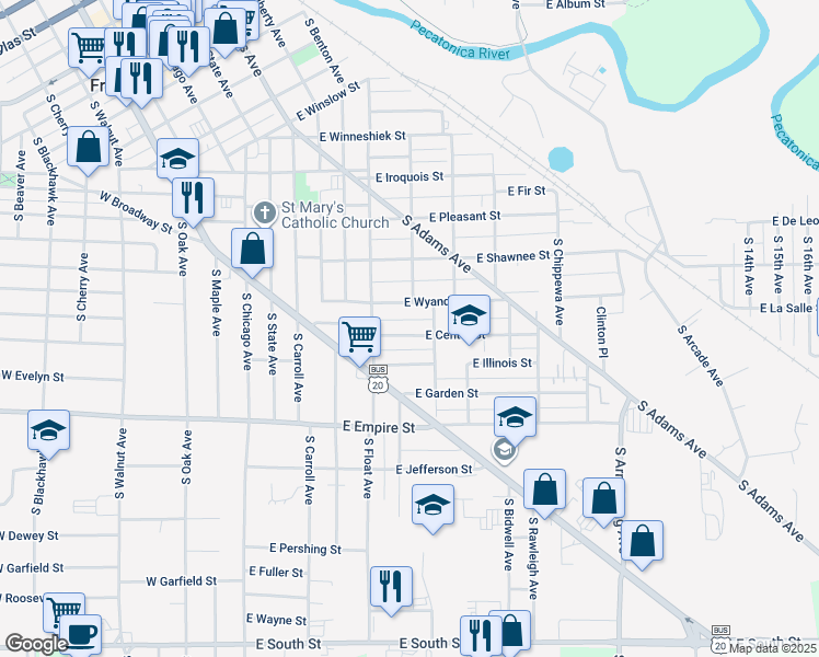 map of restaurants, bars, coffee shops, grocery stores, and more near 538 East Center Street in Freeport
