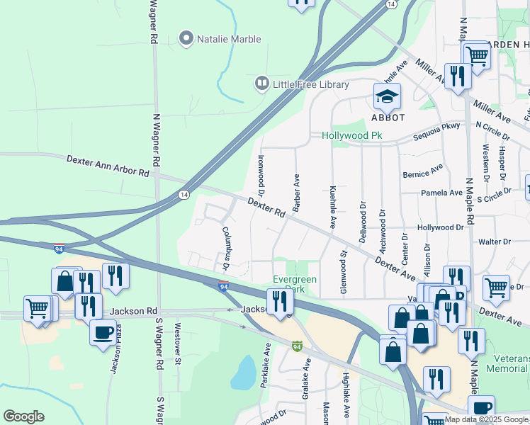 map of restaurants, bars, coffee shops, grocery stores, and more near 3261 Dexter Road in Ann Arbor