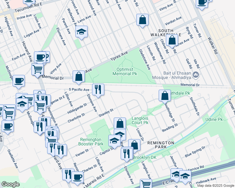 map of restaurants, bars, coffee shops, grocery stores, and more near 1045 South Pacific Avenue in Windsor