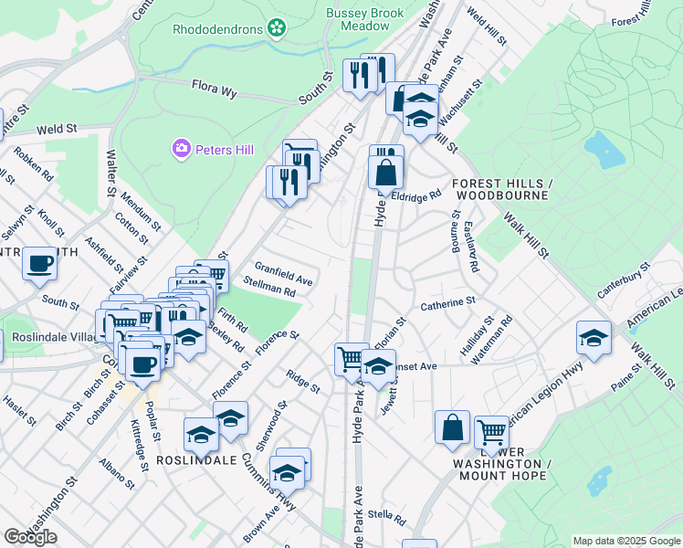 map of restaurants, bars, coffee shops, grocery stores, and more near 79 Bradeen Street in Boston