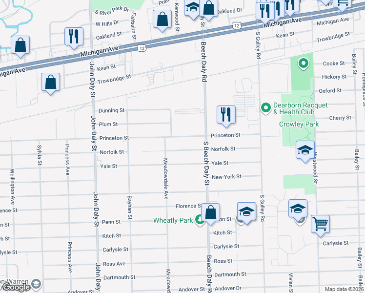 map of restaurants, bars, coffee shops, grocery stores, and more near 25932 Norfolk Street in Inkster