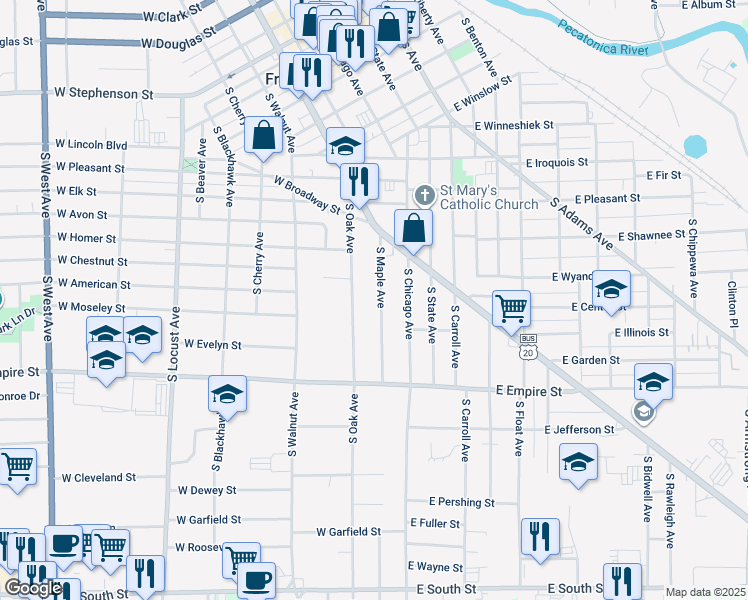 map of restaurants, bars, coffee shops, grocery stores, and more near 1024 South Maple Avenue in Freeport