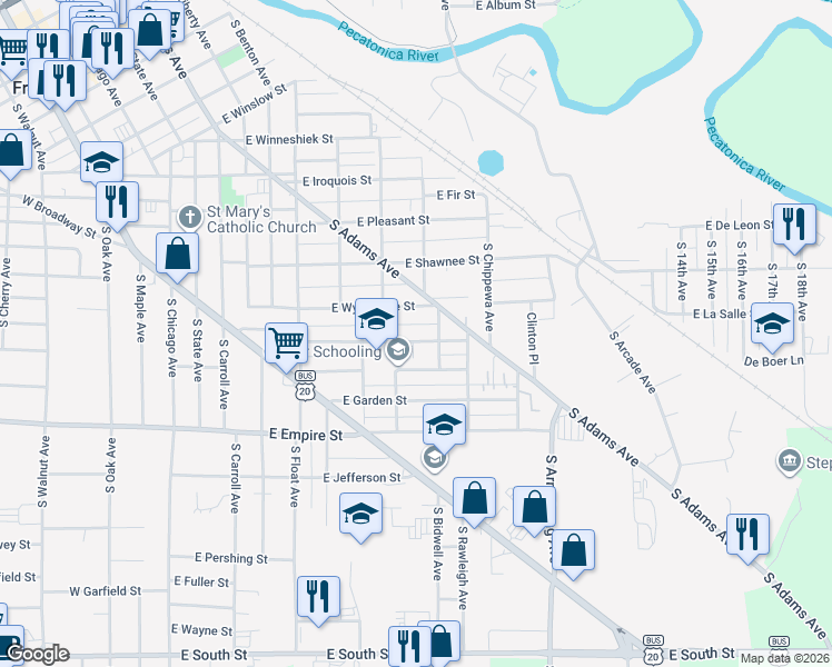 map of restaurants, bars, coffee shops, grocery stores, and more near 732 East Center Street in Freeport