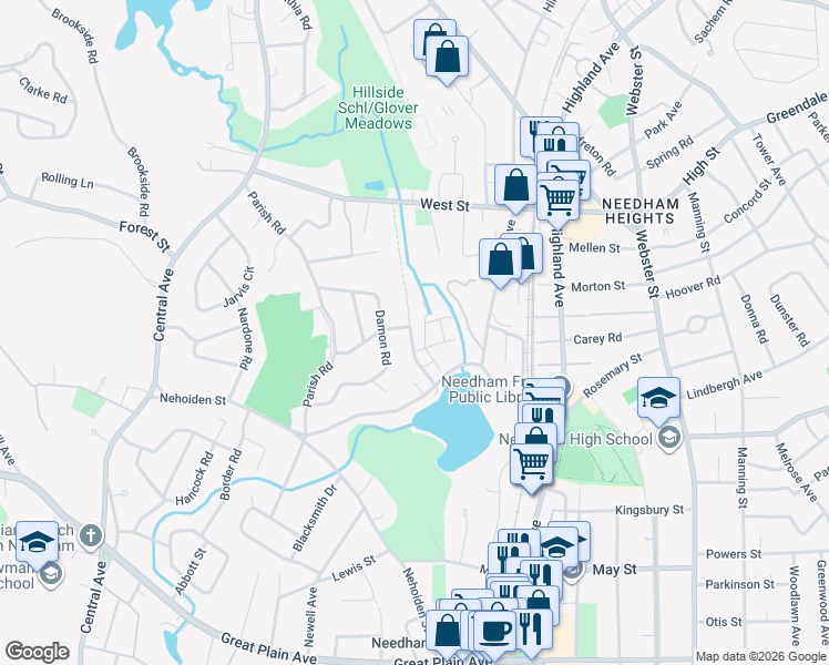 map of restaurants, bars, coffee shops, grocery stores, and more near 29 Tillotson Road in Needham