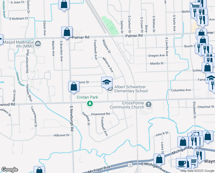 map of restaurants, bars, coffee shops, grocery stores, and more near 2601 Treadwell Street in Westland