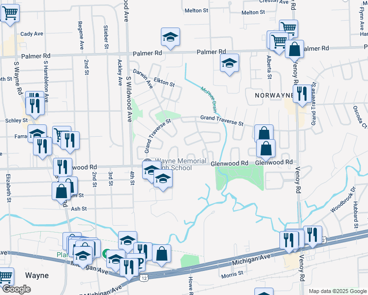 map of restaurants, bars, coffee shops, grocery stores, and more near 33816 Casco Court in Westland