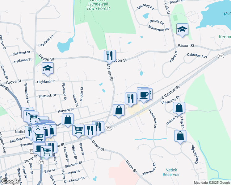 map of restaurants, bars, coffee shops, grocery stores, and more near 43 1/2 Marion Street in Natick