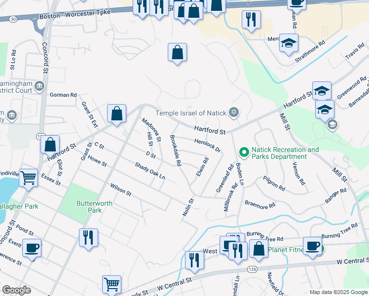 map of restaurants, bars, coffee shops, grocery stores, and more near 4 Elwin Road in Natick