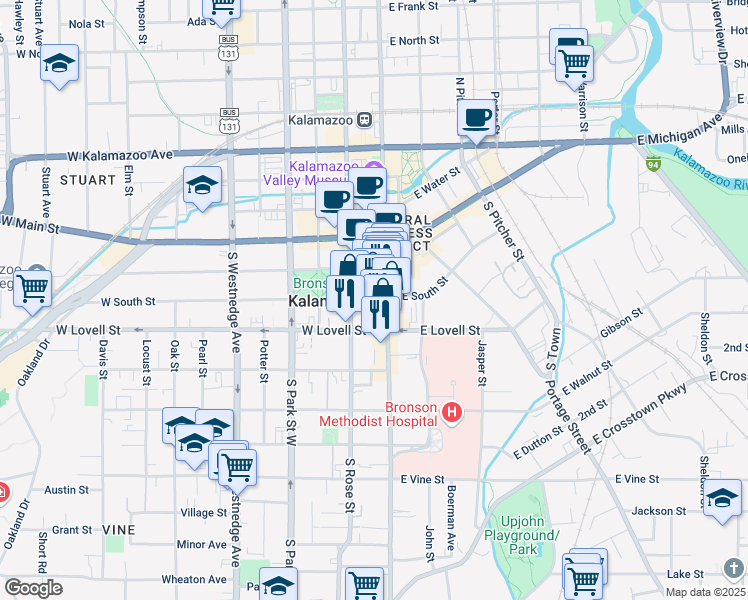 map of restaurants, bars, coffee shops, grocery stores, and more near 131 West South Street in Kalamazoo