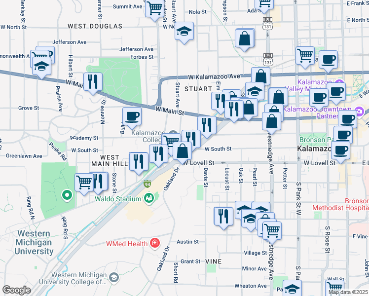 map of restaurants, bars, coffee shops, grocery stores, and more near 840 West Michigan Avenue in Kalamazoo