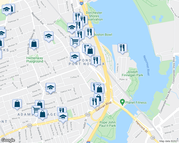 map of restaurants, bars, coffee shops, grocery stores, and more near 25-27 Bloomington Street in Boston