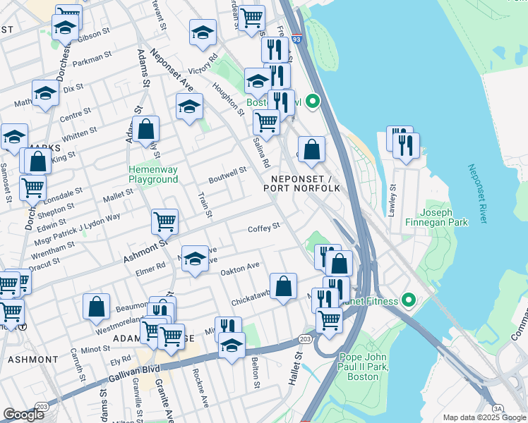 map of restaurants, bars, coffee shops, grocery stores, and more near 48 Coffey Street in Boston