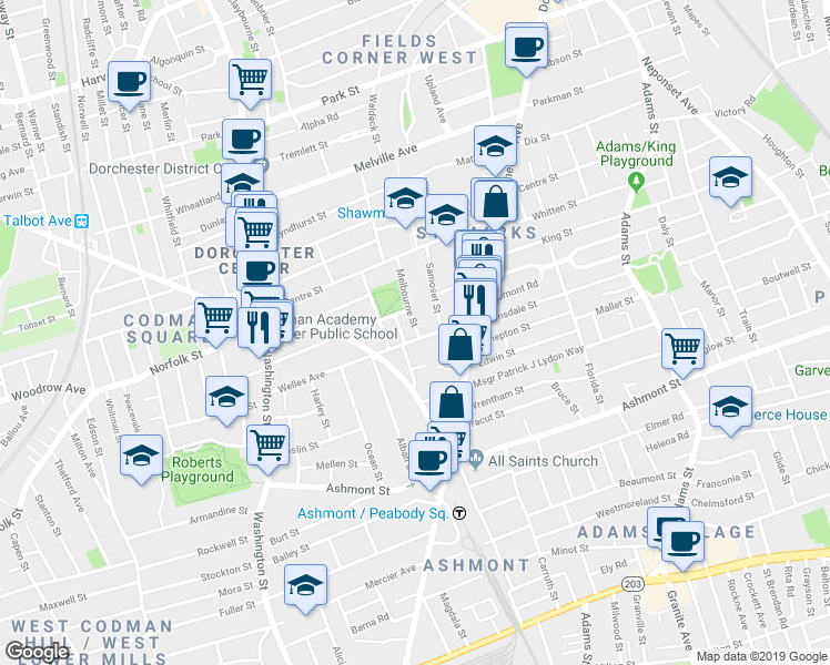 map of restaurants, bars, coffee shops, grocery stores, and more near 112 Welles Avenue in Boston