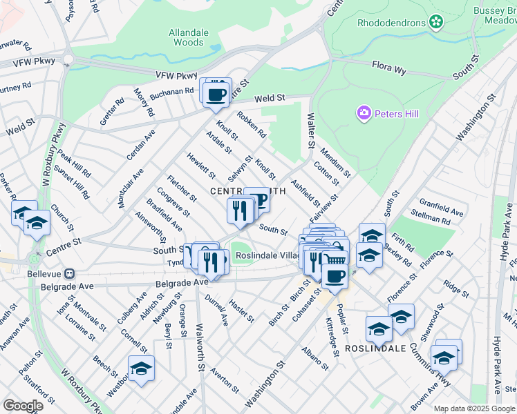 map of restaurants, bars, coffee shops, grocery stores, and more near 17 Hewlett Street in Boston