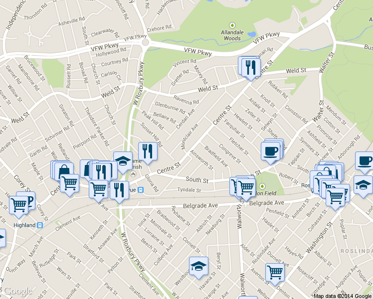 map of restaurants, bars, coffee shops, grocery stores, and more near in Boston