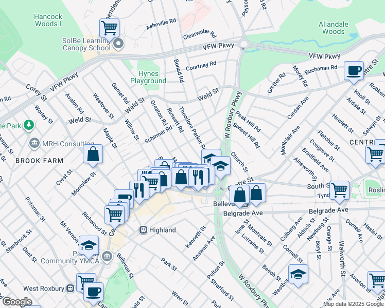 map of restaurants, bars, coffee shops, grocery stores, and more near 48 Russett Road in Boston