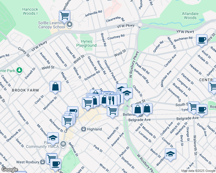 map of restaurants, bars, coffee shops, grocery stores, and more near 71 Manthorne Road in Boston