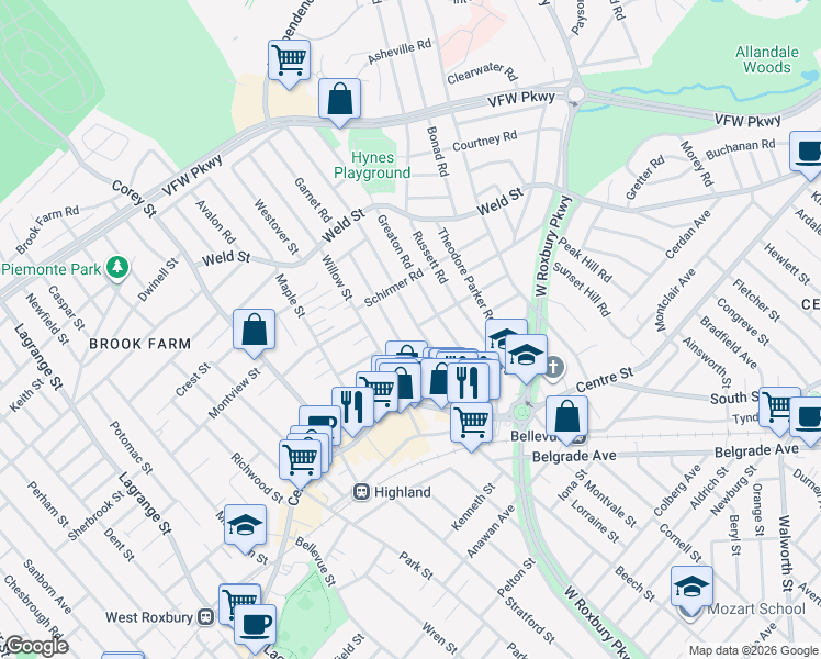 map of restaurants, bars, coffee shops, grocery stores, and more near 71 Redlands Road in Boston
